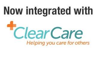 Text reading "Now integrated with ClearCare and Activated Insights" is displayed. The ClearCare logo includes a plus sign in orange followed by "ClearCare" in teal, with the tagline "Helping you care for others" below in orange.