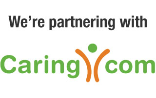 Image showing the text "We’re partnering with" at the top, and below it, the logo of Caring.com. The logo consists of the word "Caring" in green, followed by an orange and green abstract human figure with arms raised, and ".com" in green. Activated Insights is also featured in this collaboration.