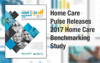 A promotional graphic for the 2017 Home Care Pulse Benchmarking Study. The left side features the cover of the study with images of elderly people and caregivers. The right side has text that reads "Home Care Pulse, powered by Activated Insights, Releases 2017 Home Care Benchmarking Study.