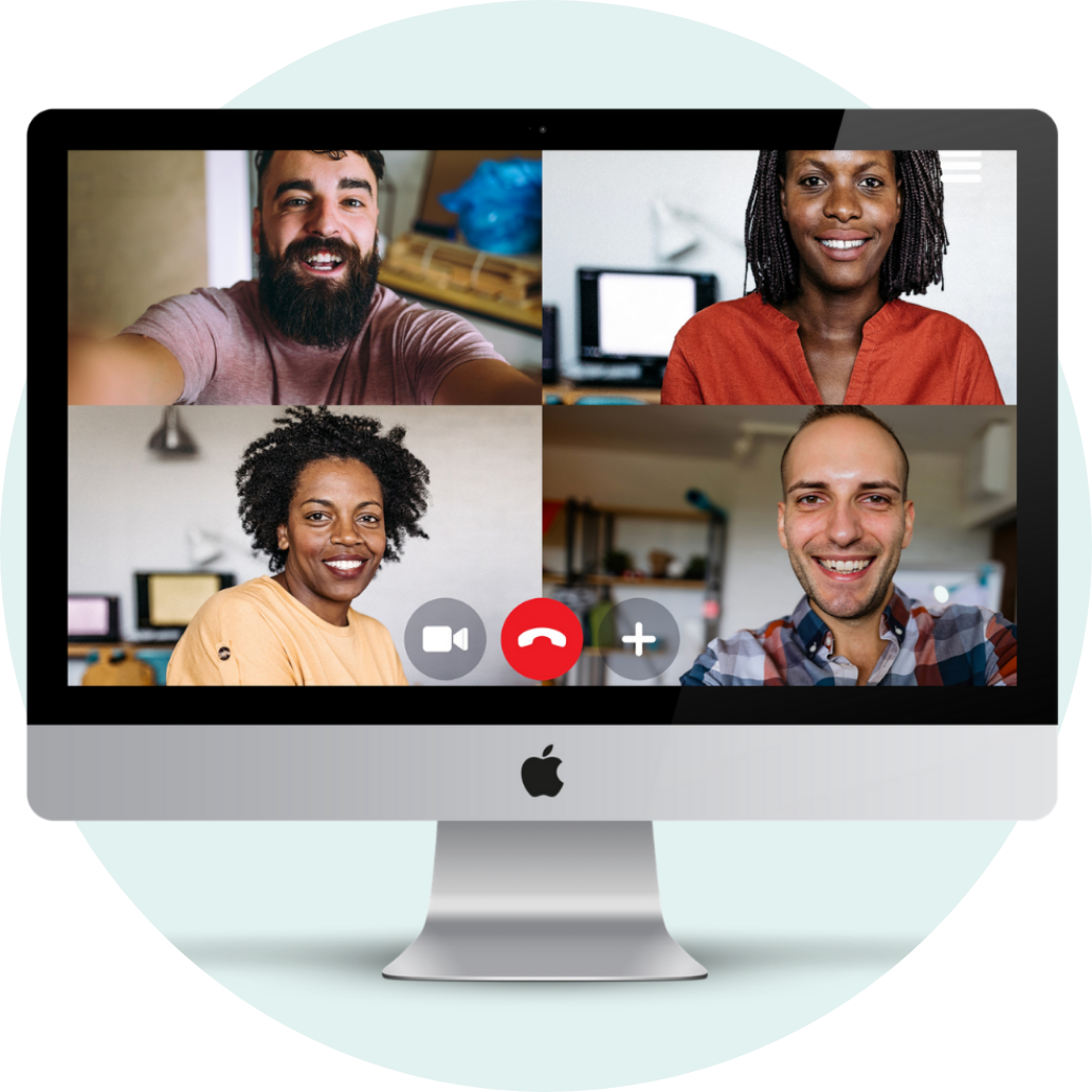 doyourbestRemote A desktop computer screen displays a video call with four participants, each in a separate box. They are all smiling and engaging with each other. The video call interface shows icons for muting, ending the call, and adding participants.