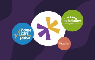 An image showing three colorful circles on a dark purple background. The circles contain the logos for "Home Care Pulse," "intheleknow: A Home Care Pulse Company," and "HomeCare Institute." A larger white circle is in the center with a stylized asterisk symbol in yellow and purple.