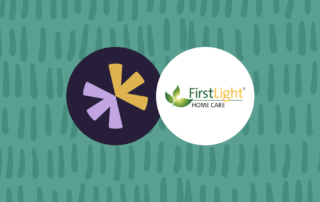 A design with two overlapping circles on a textured teal background. The left, dark circle has an asterisk-like symbol in yellow and purple. The right, white circle features the "FirstLight Home Care" logo with a green leaf graphic.