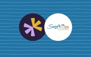Two logos are displayed side by side against a blue background with horizontal lines. The left logo consists of purple, yellow, and lavender abstract shapes on a dark circular background. The right logo reads "SwyftOps" with smaller text "SECURITY. SPEED. SIMPLICITY." underneath.