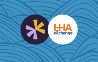 Two logos are displayed side by side on a blue wavy line background. The left logo is a stylized purple star with orange and yellow segments on a dark circle. The right logo is the text "HHA eXchange" in orange and blue in a white circle.