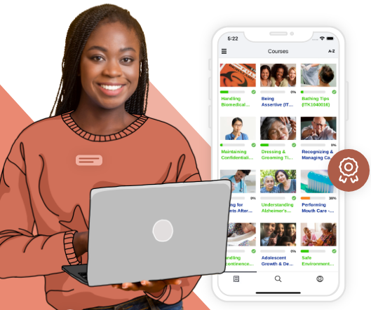 Activated Insights Training Bundle Graphic2 A woman holding a laptop stands next to an oversized smartphone displaying various online courses. The courses cover diverse topics such as healthcare, personal development, and safety. The woman is smiling, and the phone interface shows the course catalog.