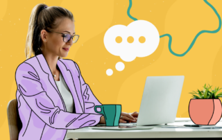 A woman with glasses is sitting at a desk, working on a laptop with a green coffee cup beside her. The background is yellow with abstract designs, and a thought bubble with ellipses hovers above her, implying she is thinking. A potted plant is on the desk.