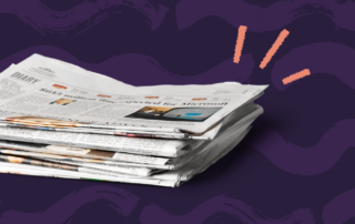 A stack of newspapers lies on a purple, wavy-patterned surface. Several newspapers are layered on top of each other, and comic-style exclamation lines in orange are drawn above them, suggesting news or excitement about Florida ADRD developments.