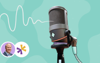Podcast cover art featuring a large microphone against a turquoise background. A soundwave pattern emanates from the microphone. In the bottom left, there is a small circular photo of a man next to a podcast logo with yellow and purple arrows.