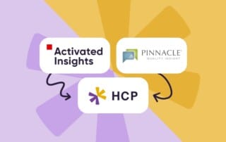 Flowchart showing two entities, "Activated Insights" and "Pinnacle Quality Insight," merging into a third entity, "HCP." The arrows indicate the merging process. The background features a split gradient of purple and yellow with a radial pattern.