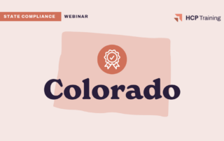 A graphic promoting a state compliance webinar for Colorado by HCP Training. The background is a light peach color. The text "STATE COMPLIANCE WEBINAR" is at the top left, and the HCP Training logo is at the top right.