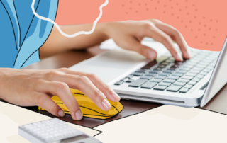 A person uses a laptop, with their left hand typing on the keyboard and right hand holding a yellow computer mouse. A sketch of a blue sleeve is drawn over the person's arm. A calculator is partially visible in the foreground on the desk.