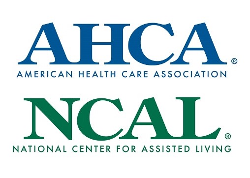 The image features the logos of two organizations in a stacked format. The top logo displays "AHCA" in blue text with "American Health Care Association" beneath it. The bottom logo shows "NCAL" in green text with "National Center for Assisted Living" underneath.
