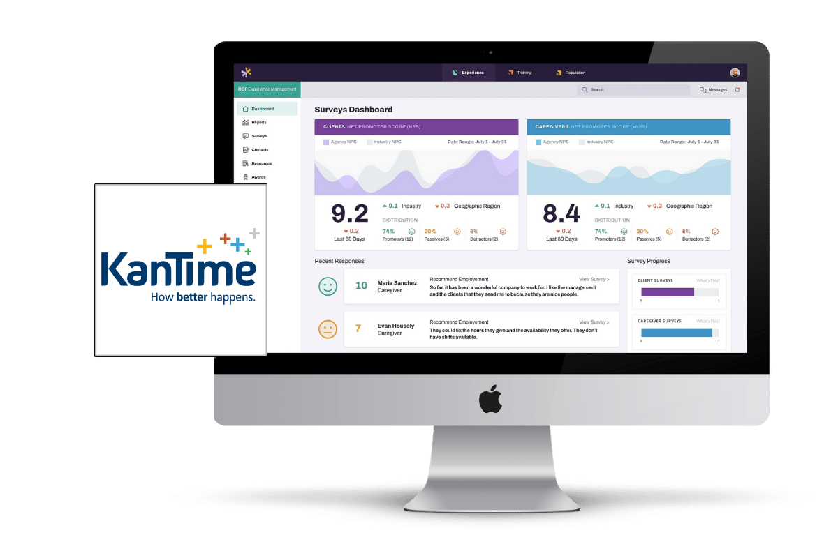 kantime_header An iMac displays the KanTime Surveys Dashboard, showcasing metrics and graphs on survey responses and completion rates. The screen includes numeric data, colorful charts, and segmented progress indicators. To the left, there is the KanTime logo with the tagline "How better happens.