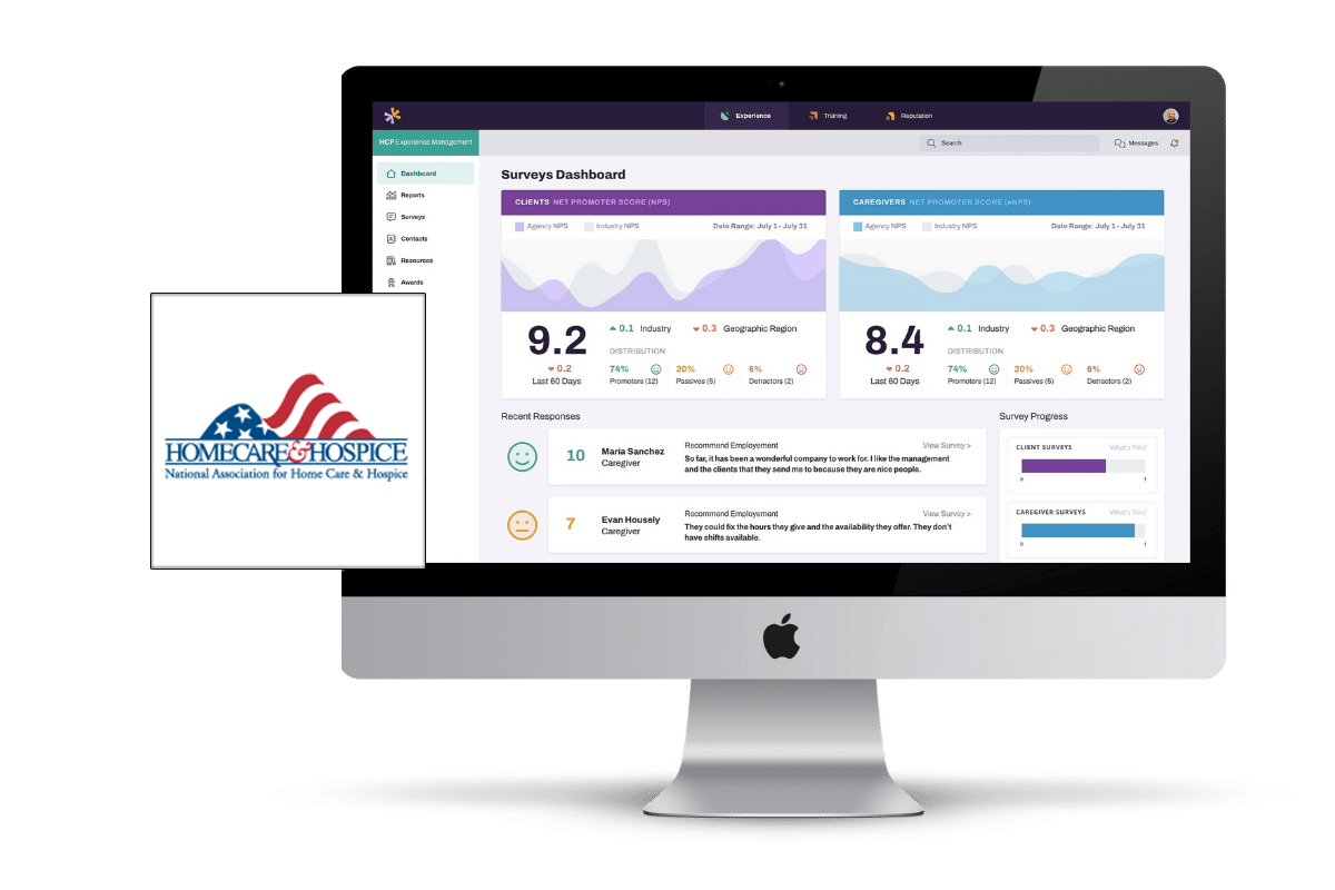 nahc_header A desktop computer screen displays a surveys dashboard with various graphs, ratings, and progress indicators. Next to the computer is the logo for Homecare & Hospice, featuring an American flag and the text "National Association for Home Care & Hospice.