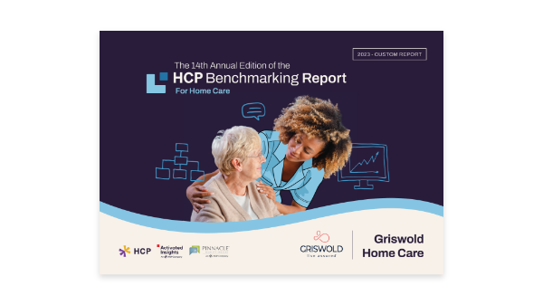 A caregiver smiles at an elderly woman while touching her shoulder. Text on the image reads "The 14th Annual Edition of the HCP Benchmarking Report For Home Care," alongside logos of HCP, Griswold Home Care, and others. Background graphics show charts and data.