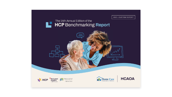 Cover of the "14th Annual Edition of the HCP Benchmarking Report." It features a nurse smiling and assisting an elderly person. The background includes healthcare-related icons. Logos of HCP, Pinnacle Quality Insight, Activated Insights, Home Care Pulse, and HCAOA are at the bottom.