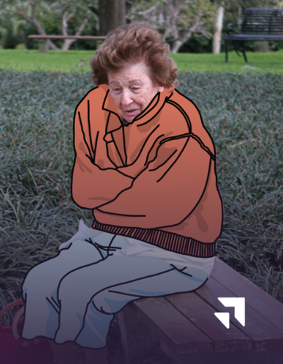 A digitally illustrated older woman sits on a wooden bench in a park, dressed warmly in a large jacket with arms crossed for warmth. The background is lush with greenery and a black metal bench is visible in the distance. A white angular logo is in the lower right corner.