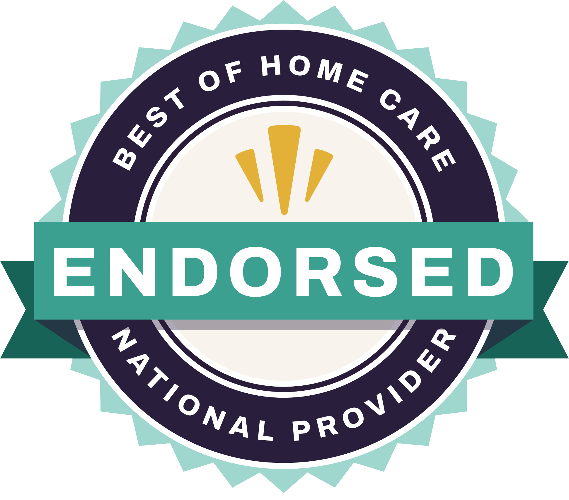 BOHC ENP 2023_High Res Seal with a circular design featuring "Best of Home Care" and "National Provider" around the edges. The center has three yellow rays above the word "Endorsed" in bold white text on a teal banner with green ribbon accents.