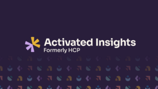A dark purple background displays the text "Activated Insights" in white, with "Formerly HCP" underneath. To the left of the text, a yellow and light purple asterisk-like logo is shown. The bottom of the image features various colorful abstract shapes.