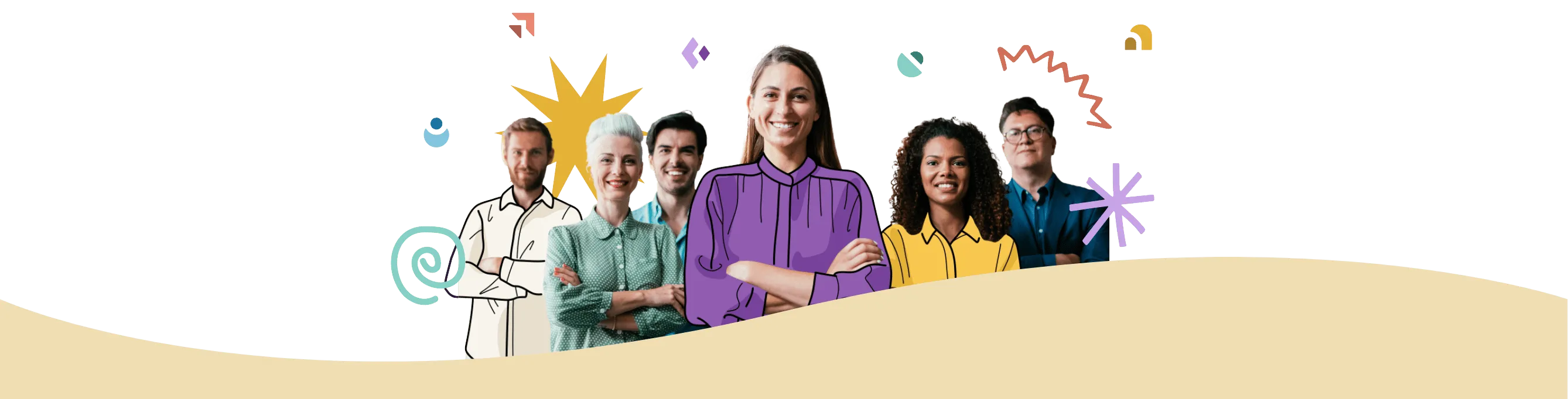 NEWHERO_HOMEPAGEa A diverse group of six animated people, illustrated with colorful outlines and surrounded by abstract, playful doodles, stand together on a wavy yellow background. Some of them are smiling and their attire ranges from casual to semi-formal—perfect representatives for Home Care Pulse's survey platform.