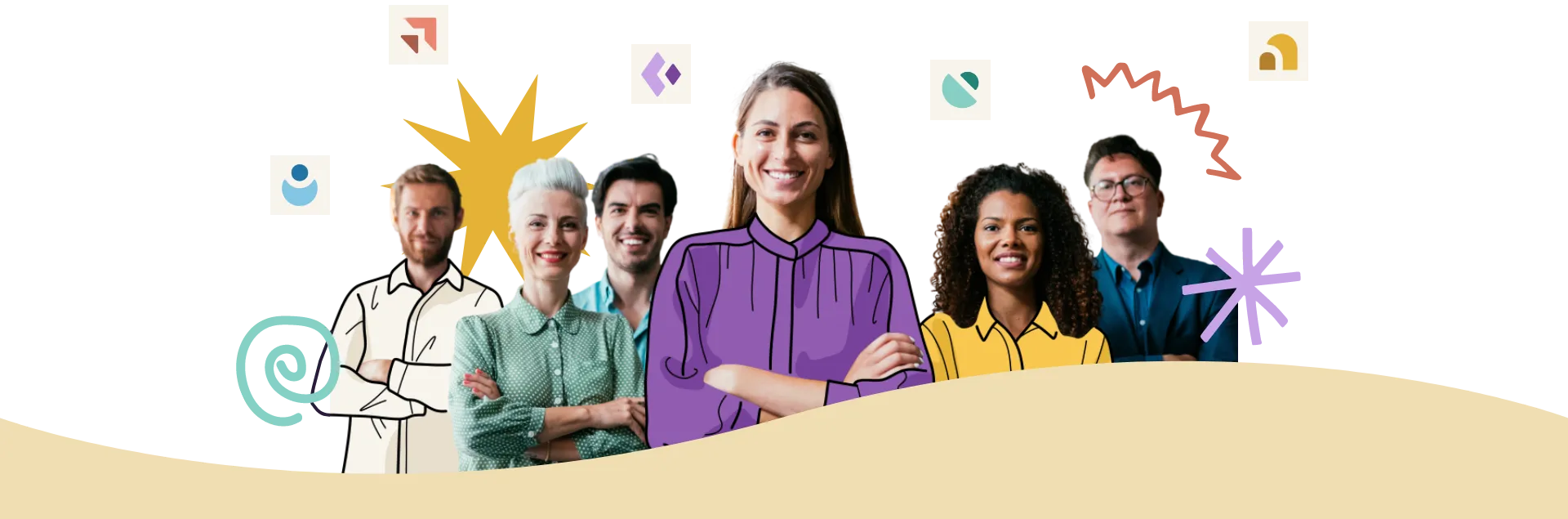 A diverse group of seven people standing in a row, smiling confidently. Colorful, abstract shapes such as stars, zigzags, and geometric icons surround them, giving a cheerful and energetic vibe. The background features a smooth beige wave-like design, ideal for promoting Home Care Pulse software to long-term and post-acute care providers.