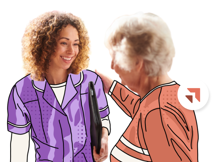 SLHeroimg A young woman in a purple outfit, holding a black folder, smiles and interacts warmly with an older woman in an orange outfit. The image, highlighting interactions from hospice nurse training, features a stylized, drawn overlay design and has a red arrow logo visible in the background.