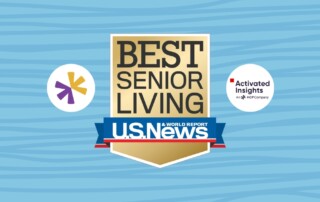 A blue background with textured lines features a central emblem displaying "Best Senior Living" in bold text, topped with a U.S. News & World Report banner. On either side of the emblem are logos: a purple, yellow, and white starburst design on the left, and Activated Insights logo on the right.
