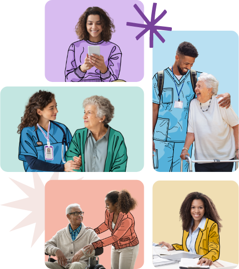 A collage with five images: a young woman using her phone, a nurse helping an elderly woman, a healthcare worker assisting an elderly woman with a walker, a young woman helping an elderly man in a wheelchair, and a woman at a desk with paperwork.