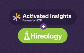 The image features the logos of two companies: "Activated Insights Formerly HCP" in a dark, rounded rectangle at the top, and "Hireology" in a green, rounded rectangle at the bottom. A plus sign (+) in white is located in the center, connecting the two logos.