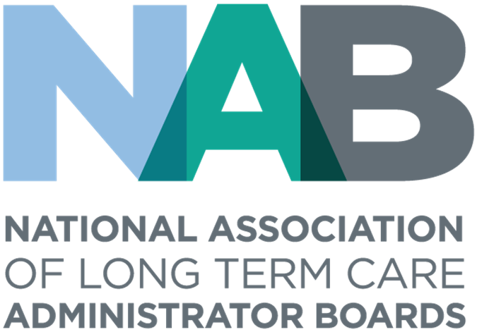 NABLogo Logo featuring the acronym "NAB" in large letters. Below it, the text reads "National Association of Long Term Care Administrator Boards" in smaller, uppercase letters. The letters "N" and "A" have light blue and teal colors, while "B" is in dark gray, reflecting NAB Training excellence.