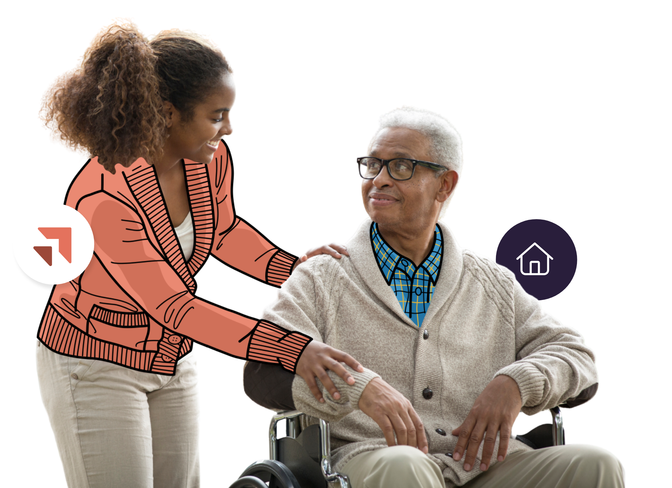 Independent Living Hero Image A young woman with curly hair, wearing a patterned blazer, helps an elderly man in a wheelchair. The man wears glasses and a beige sweater. Two icons appear: an arrow and a house, representing Senior Living. The background is transparent.