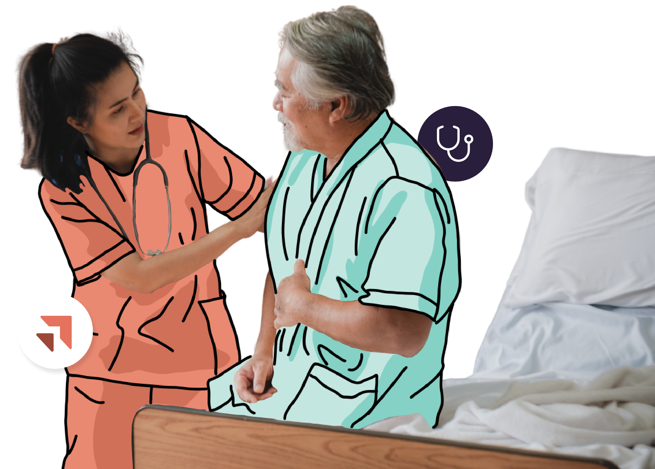 Skilled Nursing Facilities Hero Image Illustration of a female healthcare worker with a stethoscope helping an elderly man in hospital attire sit up on a bed. Various medical icons are overlaid on the image, highlighting the importance of hospice nurse training and senior living care.