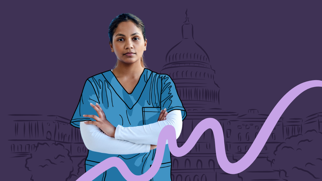 A woman in blue scrubs with folded arms stands confidently against a purple background with a line graph and an illustration of a government building, possibly the U.S. Capitol, emphasizing the importance of person-centered care for LGBTQ individuals.