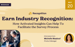 Webinar promo for "Earn Industry Recognition: How Activated Insights Can Help To Facilitate the Survey Process" on May 20, featuring presenter Michelle Maalouf, Product Manager. Includes business meeting image and Michelle's photo.