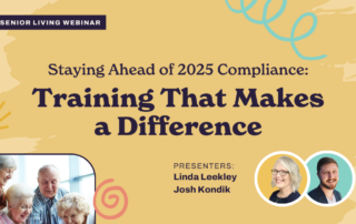 A webinar titled "Staying Ahead of 2025 Compliance: Training That Makes a Difference" is announced. Presenters Linda Leekley and Josh Kondik are featured with photos. The background is decorative with swirls and abstract shapes.