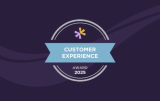 A dark blue graphic with a circular emblem. Inside, a blue ribbon reads "Customer Experience." Below in smaller text, it says "Award 2025." A small purple and yellow design is above the text.