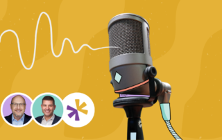 A large microphone is prominently displayed against a yellow background with a white sound wave. Below, there are two circular photos of individuals with a colorful design element between them.