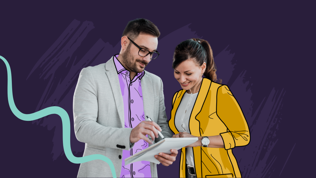 A man and a woman smiling while reviewing documents on a clipboard; the image blends real photography and colorful hand-drawn outlines, set against a purple background with abstract patterns, reflecting the collaborative nature of digital advertising.