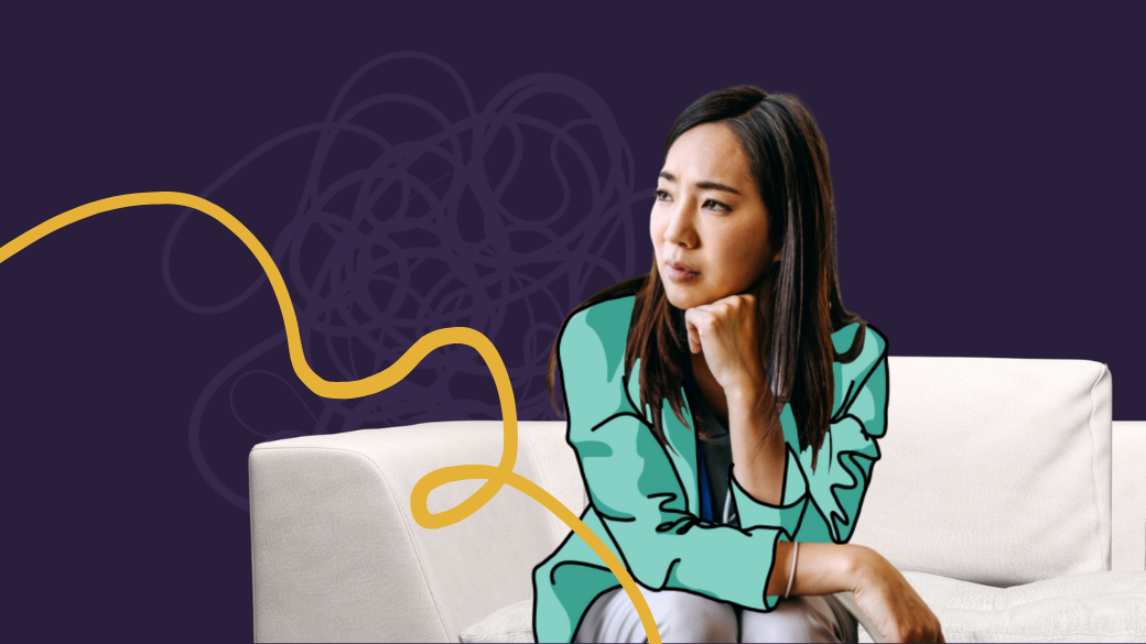 Illustration of a woman sitting on a white couch, looking thoughtful with her chin resting on her hand. She's wearing a turquoise top, and a yellow abstract line swirls in the backdrop of dark purple, reminiscent of online reviews shaping decisions with vivid insight.