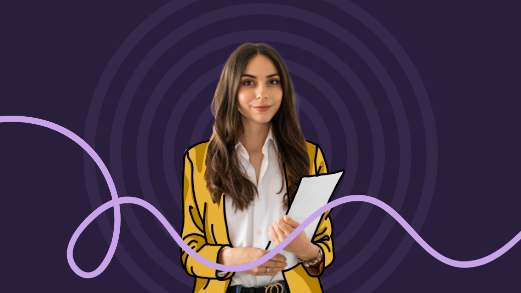 A woman with long brown hair wearing a yellow blazer and white shirt holds papers, standing in front of a purple background with concentric circles and a wavy lavender line, symbolizing how online reviews can increase home care agency profit margin.
