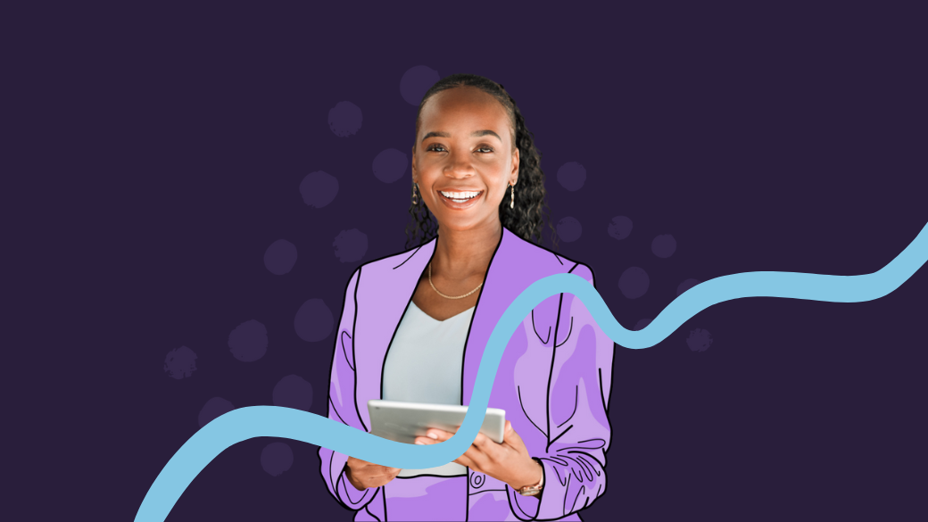 A smiling woman holding a tablet stands against a dark purple background with abstract dots and a wavy blue line, representing the impact of online reviews. She wears a light purple blazer and white top.