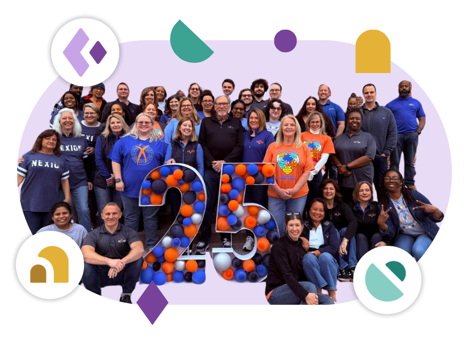Hero Image_Nexion Health A diverse group of smiling people poses around a large "25" sign decorated with blue and orange balls, celebrating an anniversary. Colorful shapes and icons surround them on a purple background.