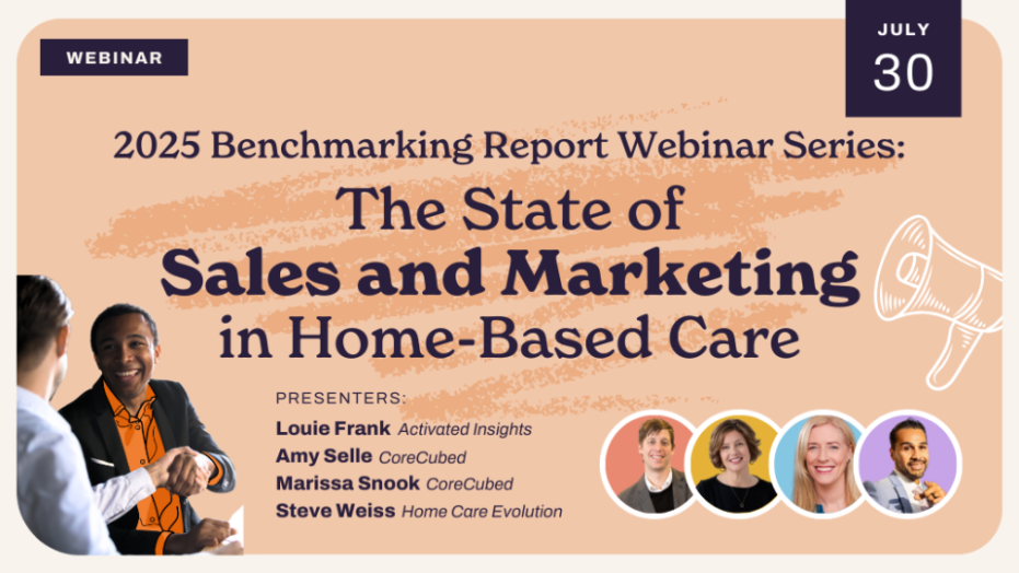 Promotional graphic for a webinar titled "2025 Benchmarking Report Webinar Series: The State of Sales and Marketing in Home-Based Care," featuring four presenters and event details for July 30.