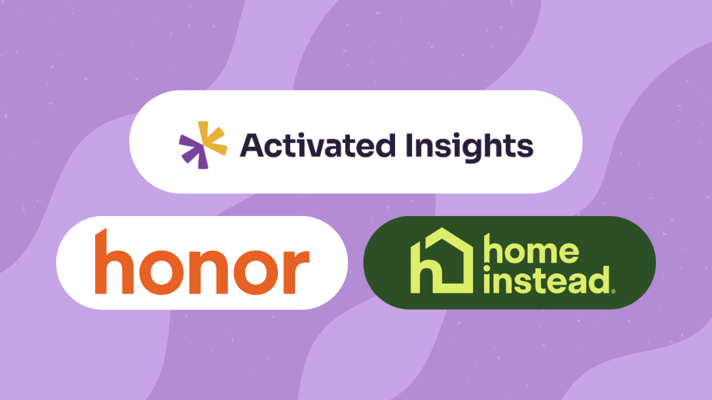Three logos on a purple wavy background: Activated Insights with a star symbol, Honor in orange lowercase letters, and Home Instead with a green house icon—leading names in caregiver training and support.