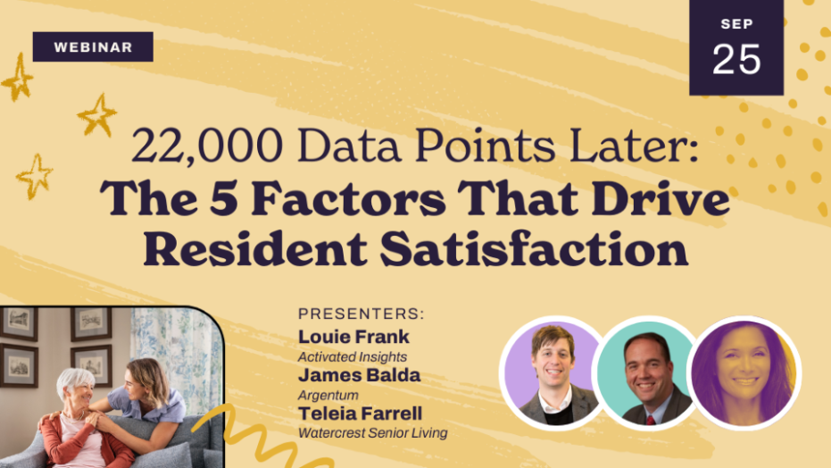 Webinar announcement: "22,000 Data Points Later: The 5 Factors That Drive Resident Satisfaction" on September 25, with presenters Louie Frank, James Balda, and Teleia Farrell. Includes photos of presenters and seniors.