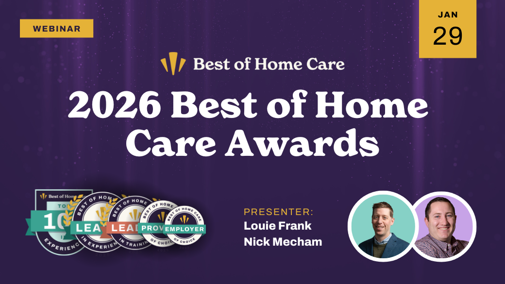 Promotional graphic for the "2026 Best of Home Care Awards" webinar on January 29, featuring presenters Louie Frank and Nick Mecham, with badges and profile photos on a purple background.