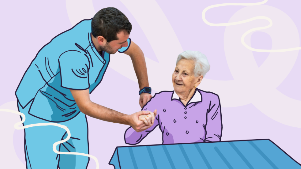 A young male skilled nursing caregiver in blue scrubs smiles and helps an elderly woman with white hair, who is seated at a table and smiling back, against a light purple illustrated background.