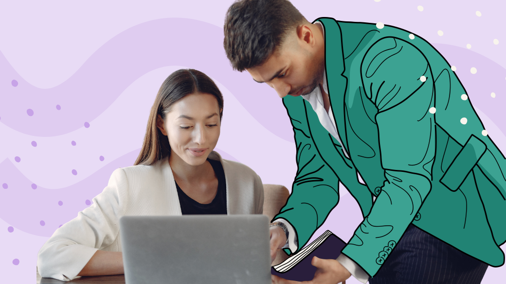 A woman sits at a table using a laptop while a man, illustrated with green outlines, stands next to her looking at a notebook—capturing the teamwork vital in skilled nursing. The purple background features abstract wavy lines and dots.