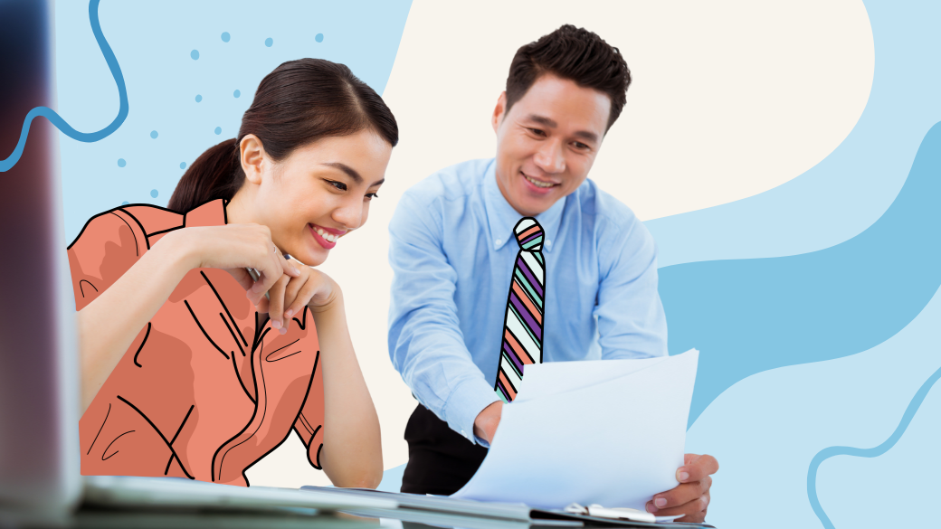 A woman and a man smile while looking at documents together, possibly discussing nursing staff matters. The woman is seated, and the man stands beside her, both appearing cheerful against a blue and cream abstract background.