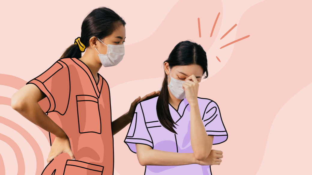 Two healthcare workers wearing masks; one comforts the other, who appears upset and is rubbing her forehead, reflecting caregiver burnout. The pink background with abstract shapes and lines accentuates their emotions.